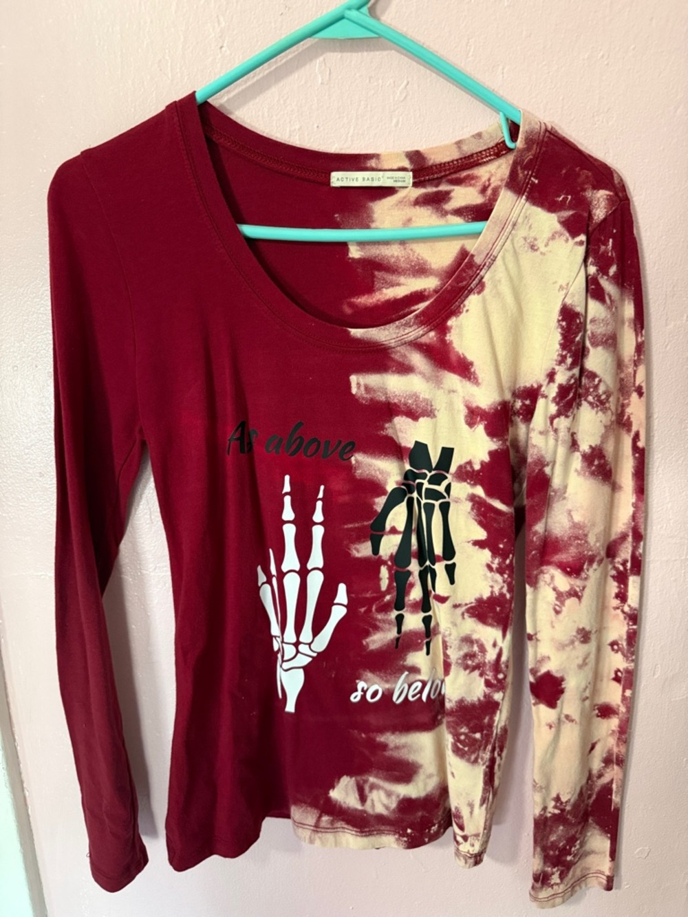 Active Basic Maroon & Cream Tie-Dye Long Sleeve Graphic Tee